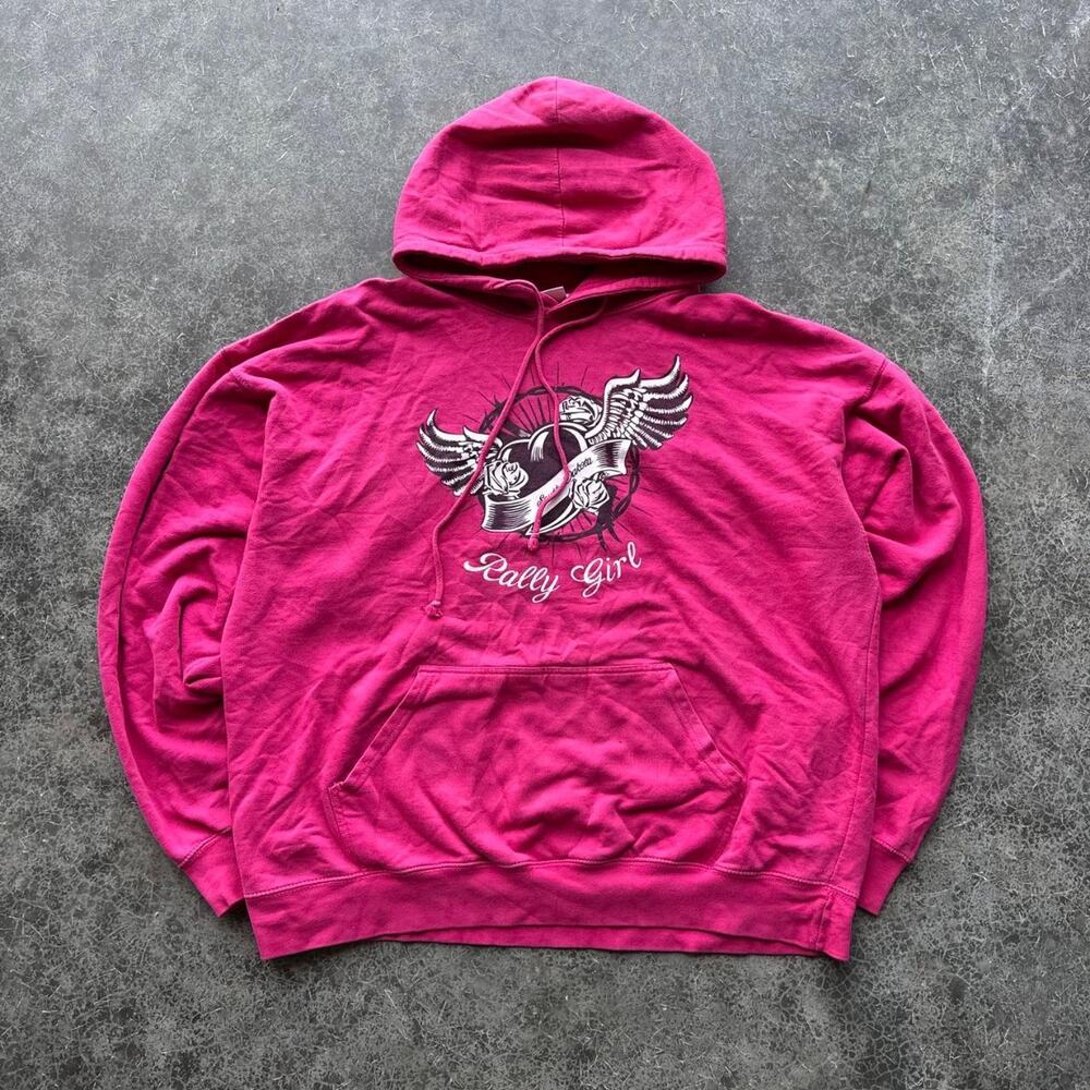 Y2K 2000s Hot Pink Rally Girl Sturgis Biker Tribal Pullover Hoodie 2XL